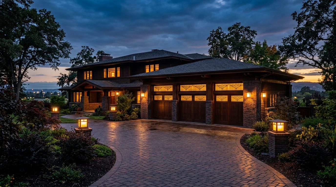 Brown Garage Door Service Exterior Closed Garage Door at Twilight